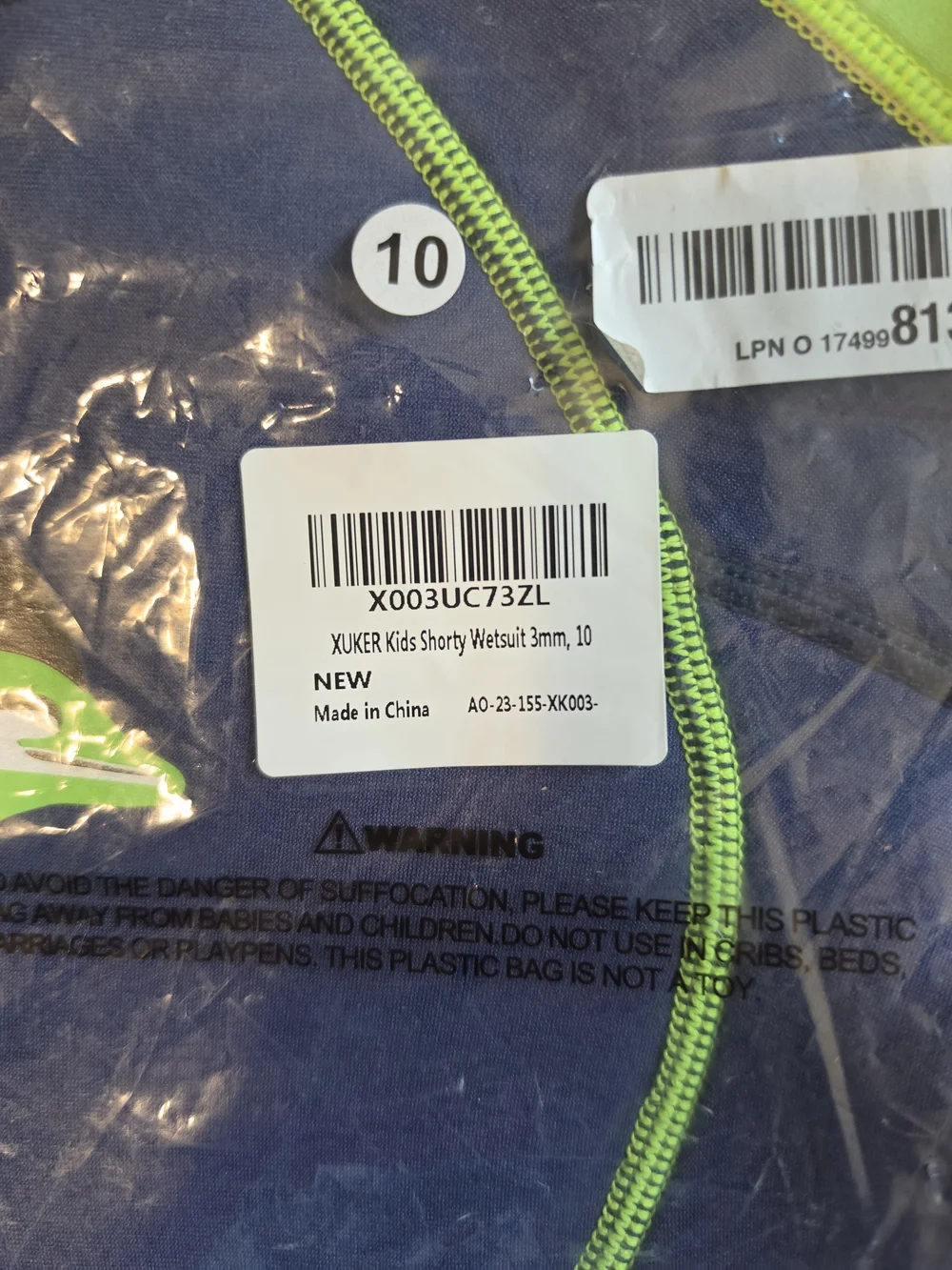 NWOT - XUKER 3mm Neoprene Thermal Wetsuit for Kids Size 10 Green/Blue